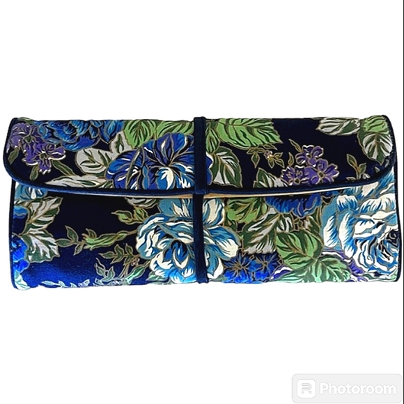 TED LAPIDUS BLUE FLORAL TRAVEL COSMETIC & JEWELRY ORGANIZER WALLET EUC - Picture 1 of 15